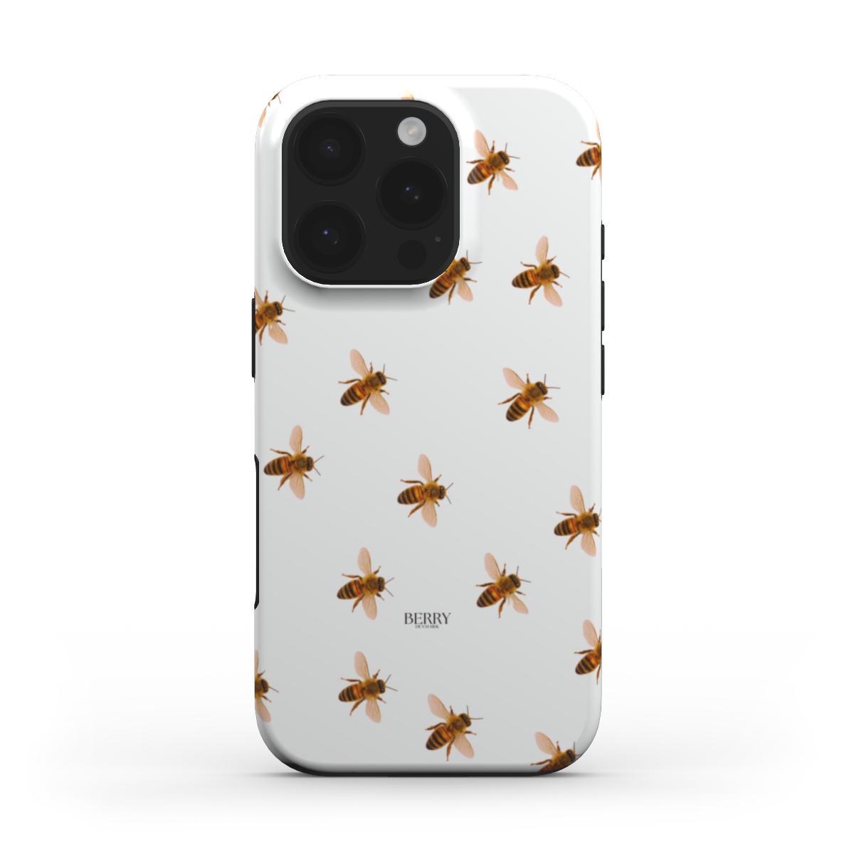 Trendy white phone case with a delicate multicolored bee pattern, combining feminine charm with a stylish and clean design.