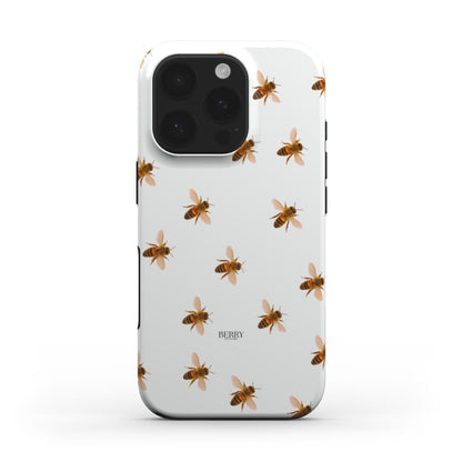 Trendy white phone case with a delicate multicolored bee pattern, combining feminine charm with a stylish and clean design.