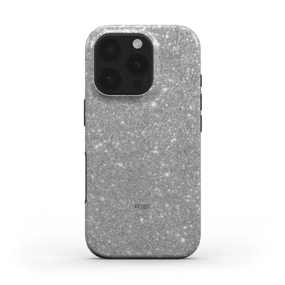 Trendy and feminine silver phone case with a sparkling Swarovski-inspired design in elegant shades of sølv and gråt, perfect for a stylish, girly aesthetic.