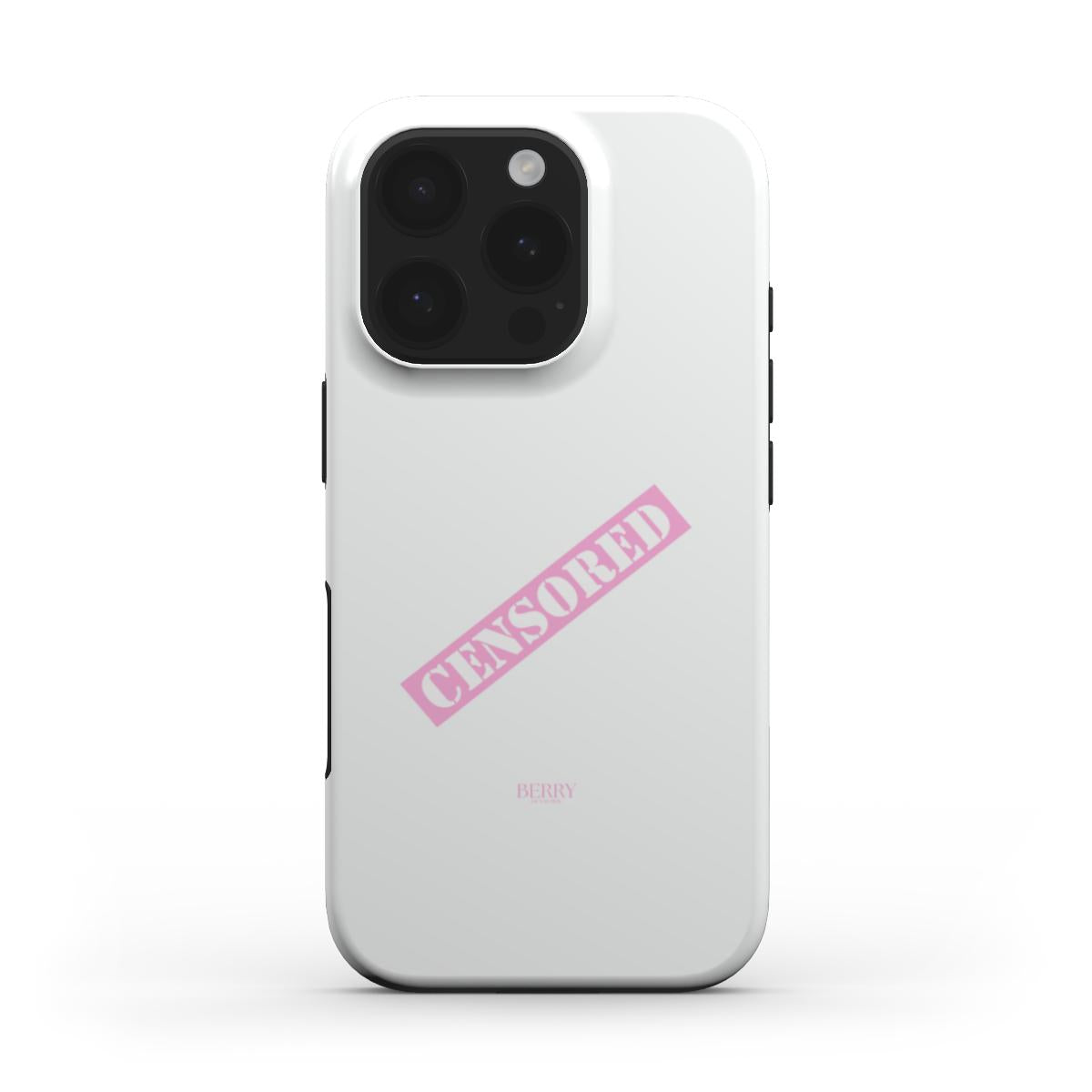 Trendy phone case in pink, white, and multicolored design with a bold, stylish "Censored" print, perfect for a girly and feminine aesthetic.