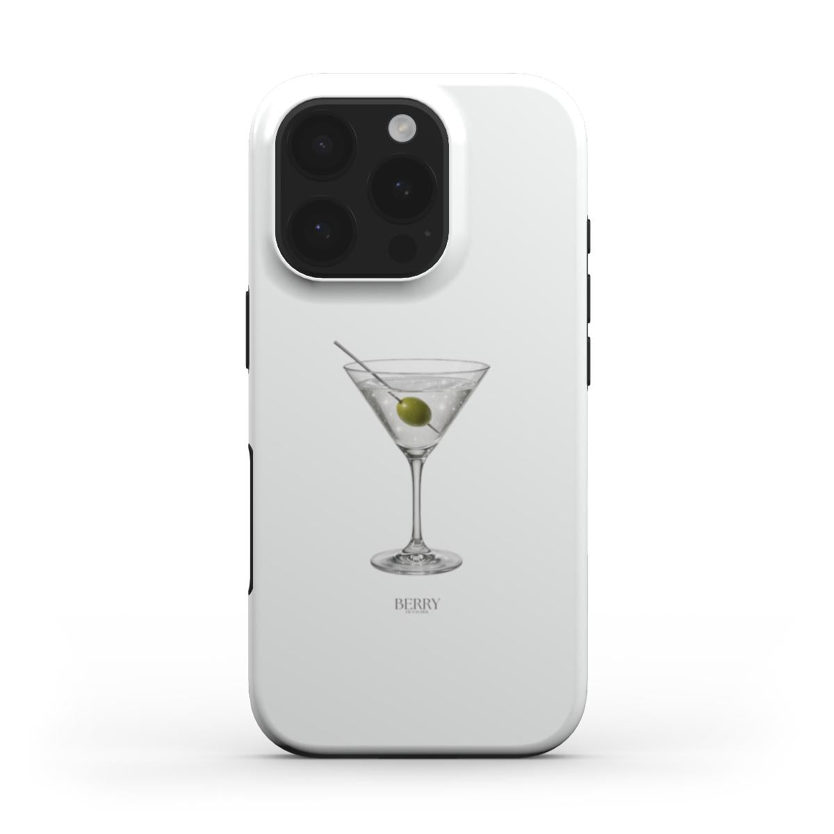 Trendy white phone case with artistic martini glass featuring an olive and sleek silver accents for a feminine and stylish look.