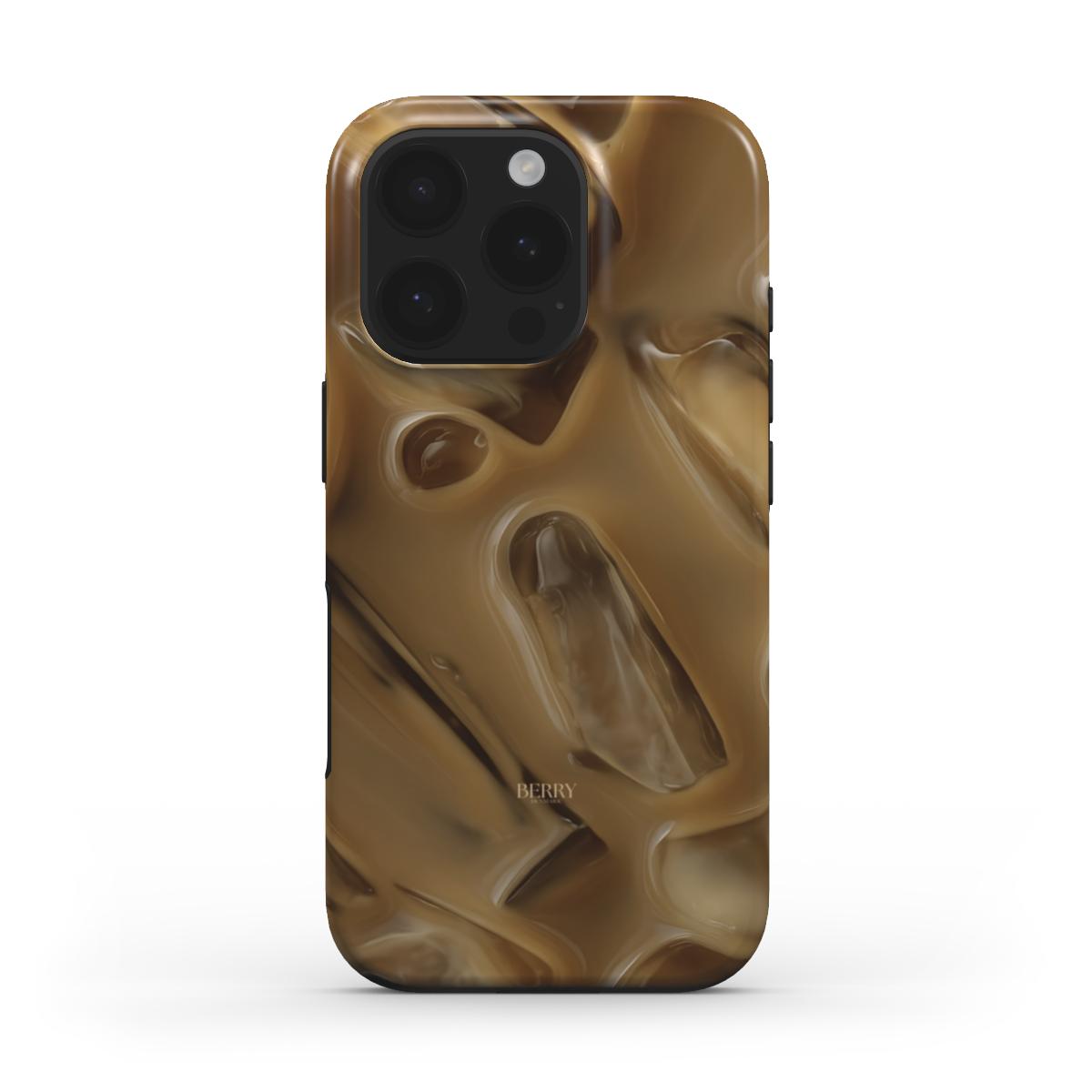Trendy phone case with a brun, beige, and multicolored pattern inspired by creamy latte espresso for a feminine and stylish look.