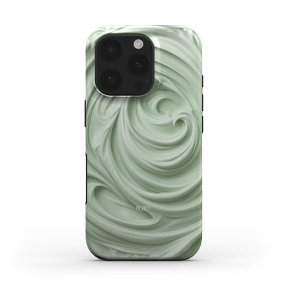 Trendy phone case featuring a soft green and multicolored swirled pattern with a creamy, feminine aesthetic perfect for that stylish, girly vibe.