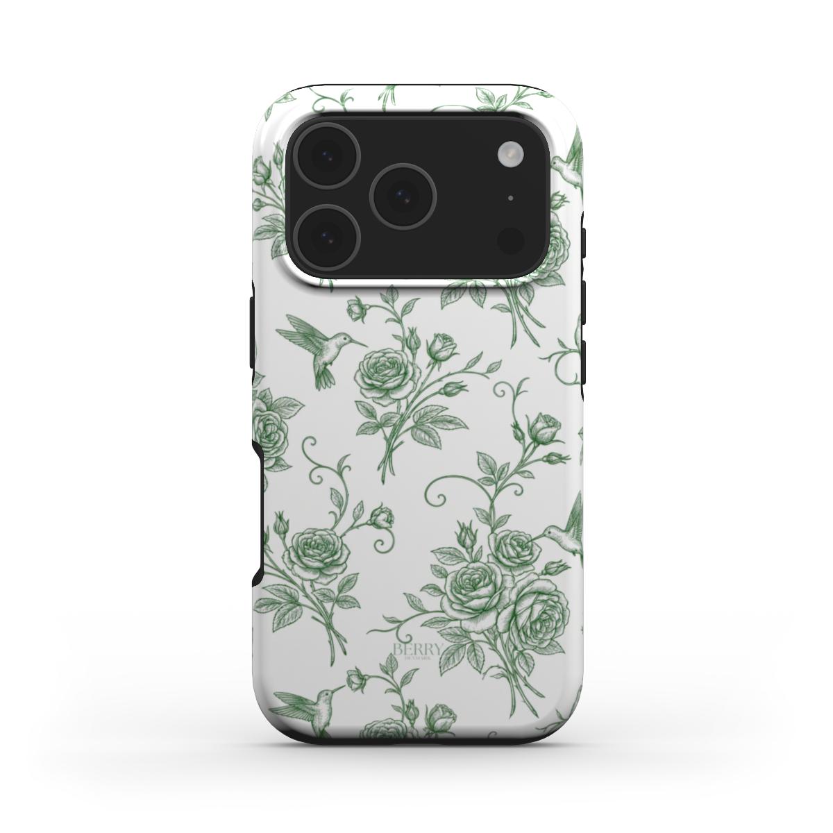 Trendy phone case with a feminine, aesthetic design featuring green floral patterns and hummingbirds on a white background, perfect for a stylish, girly look.