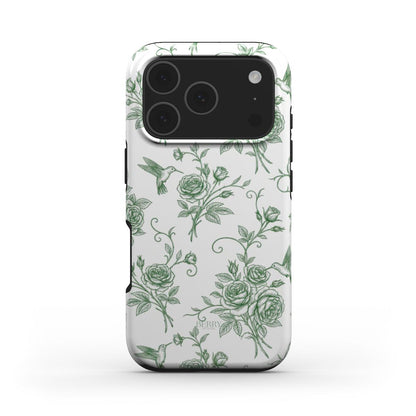 Trendy phone case with a feminine, aesthetic design featuring green floral patterns and hummingbirds on a white background, perfect for a stylish, girly look.
