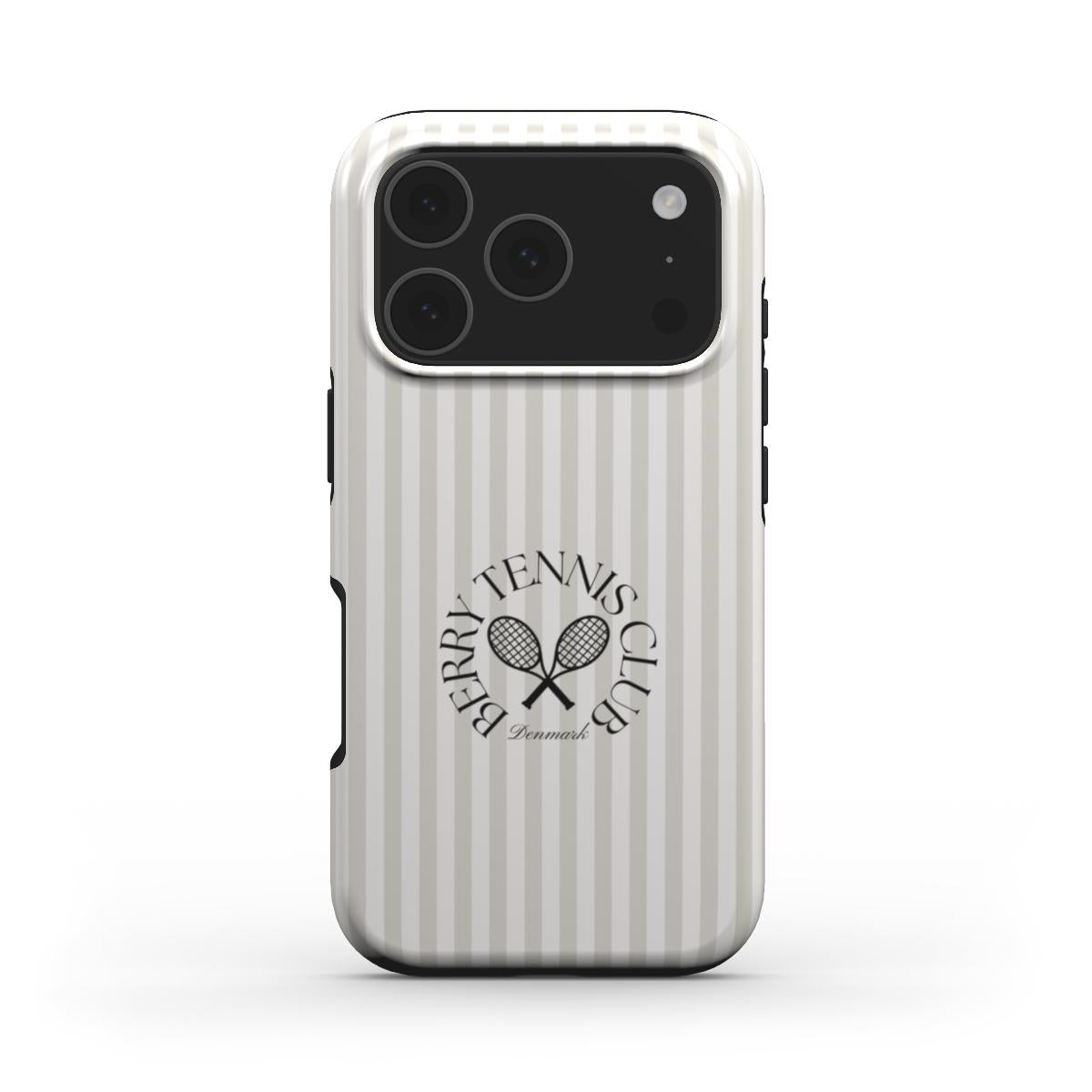 Trendy feminine phone case with beige and white vertical stripes and stylish crossed tennis rackets logo design, perfect for a beautiful girly look.
