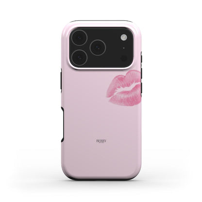 Trendy pink phone case with a girly kiss mark design, offering a feminine and beautiful aesthetic for that popular and stylish girl look.