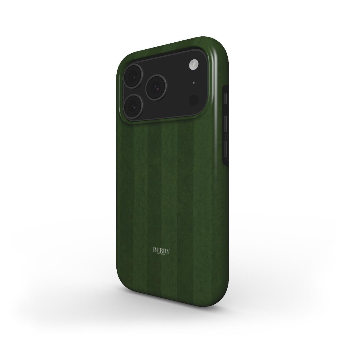 Trendy green phone case with subtle striped pattern, offering a beautiful and feminine aesthetic for a popular and stylish look.