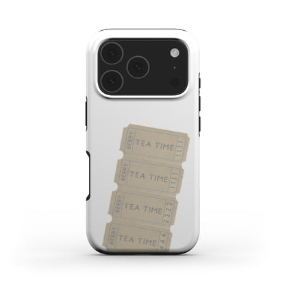 Trendy phone case in white, beige, and multicolor featuring feminine vintage-style "Tea Time" ticket design for a beautiful and popular aesthetic.