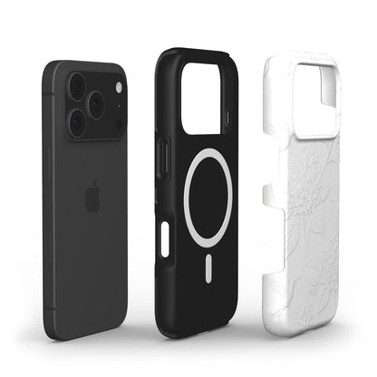 Black and white multicolored phone cases with floral pattern and MagSafe compatibility designed for a sleek and feminine trendy look.