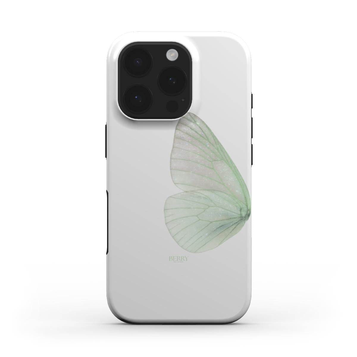 Trendy phone case with a delicate green, white, and multicolored butterfly wing design, offering a feminine and beautiful aesthetic appeal.