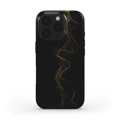 Trendy black phone case with a feminine, aesthetic gold drizzle pattern, perfect for that girly, beautiful look that’s popular and stylish.