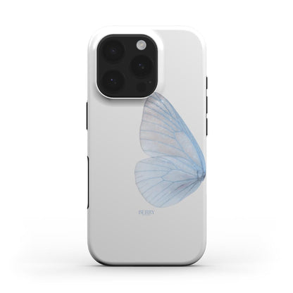 Trendy feminine phone case with a delicate blue butterfly wing design on a white background, perfect for that beautiful, girly aesthetic.
