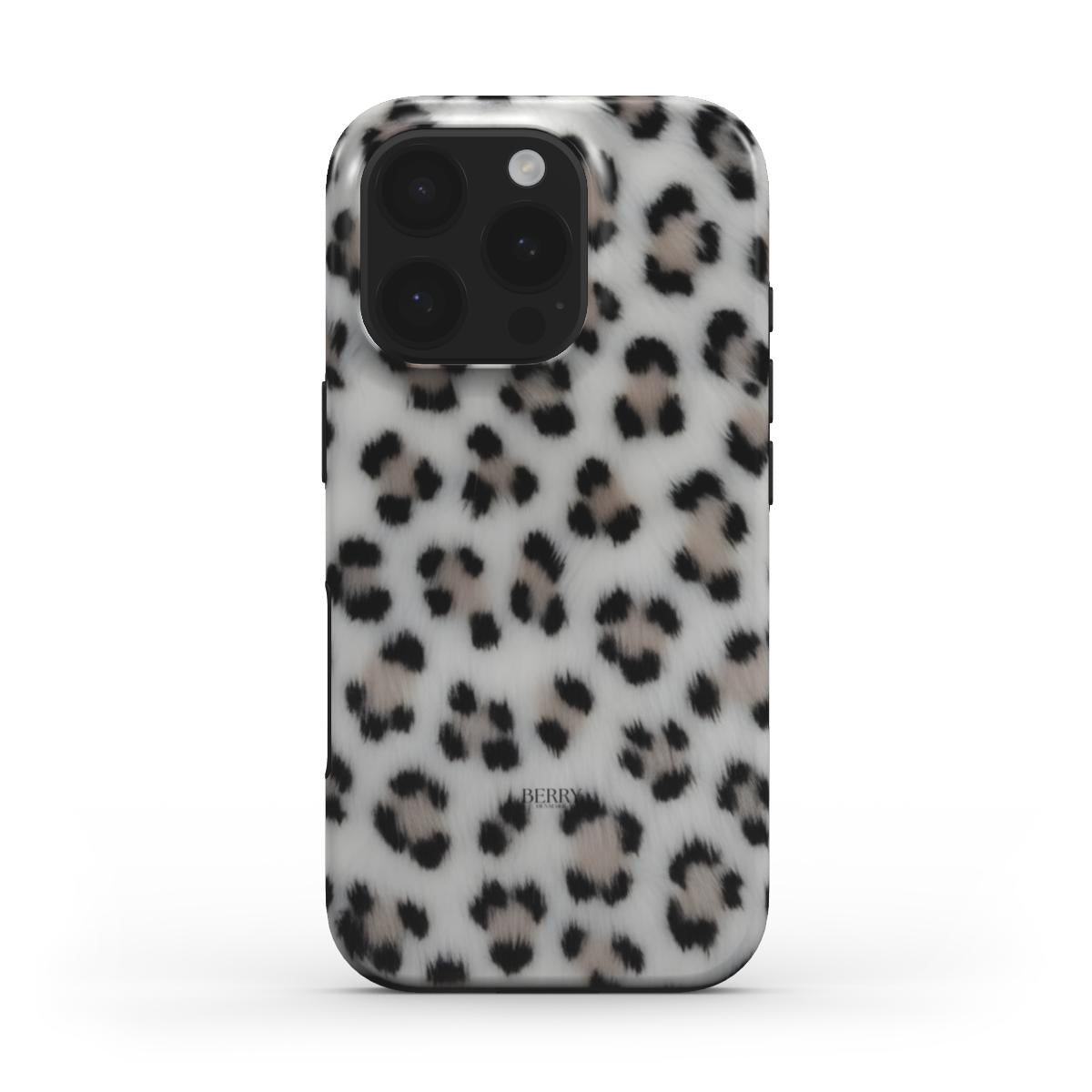 Trendy feminine phone case with a stylish silver, gray, black, white multicolor leopard pattern for a chic and beautiful look.