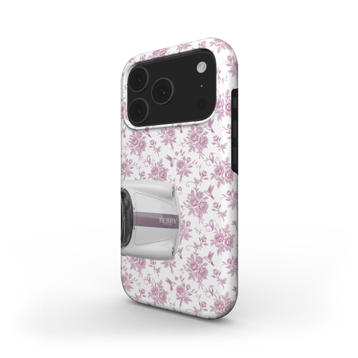 Trendy phone case with a feminine floral pattern in pink and white featuring a stylish car design, perfect for that girly and beautiful aesthetic.