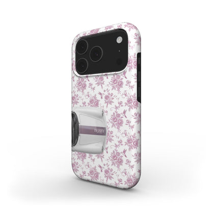 Trendy phone case with a feminine floral pattern in pink and white featuring a stylish car design, perfect for that girly and beautiful aesthetic.