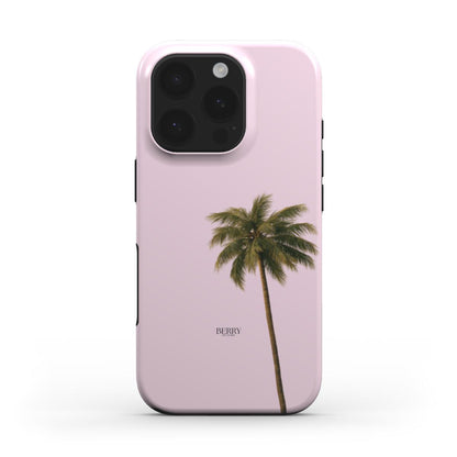 Trendy feminine phone case with a pink background and a single green palm tree, combining girly charm with a stylish, beautiful tropical vibe.