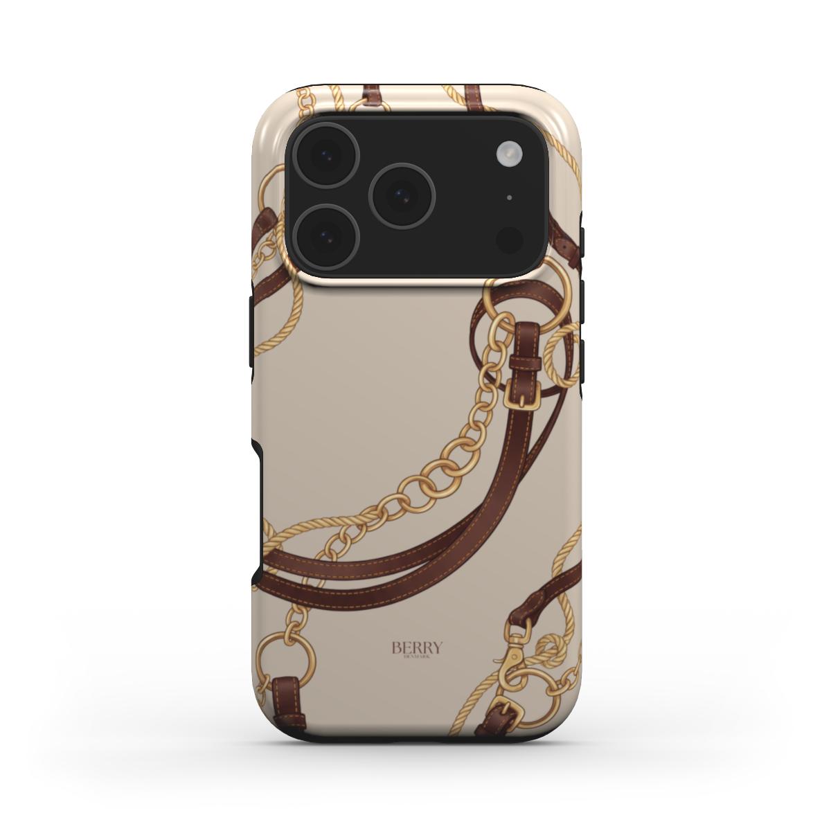 Trendy phone case featuring elegant brown, beige, gold, and multicolor equestrian chain and strap design with a feminine and beautiful aesthetic.