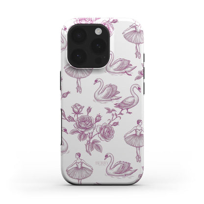Phone case with a delicate flerfarvet pink and white pattern featuring elegant swans, ballerinas, and roses for a girly and trendy aesthetic.
