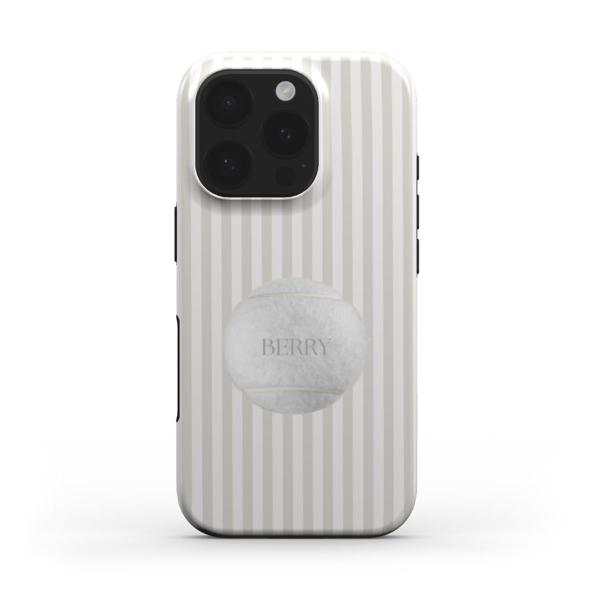 Trendy phone case with beige and white vertical stripes featuring a soft, feminine tennis ball design for a popular, aesthetic, and girly look.