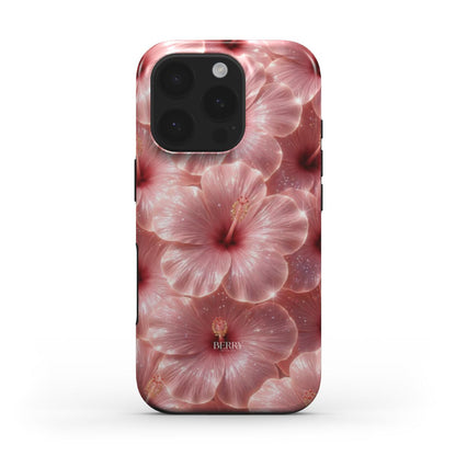 Trendy phone case with glossy pink and red hibiscus flowers, featuring a feminine and beautiful multicolored floral pattern for that stylish girl vibe.