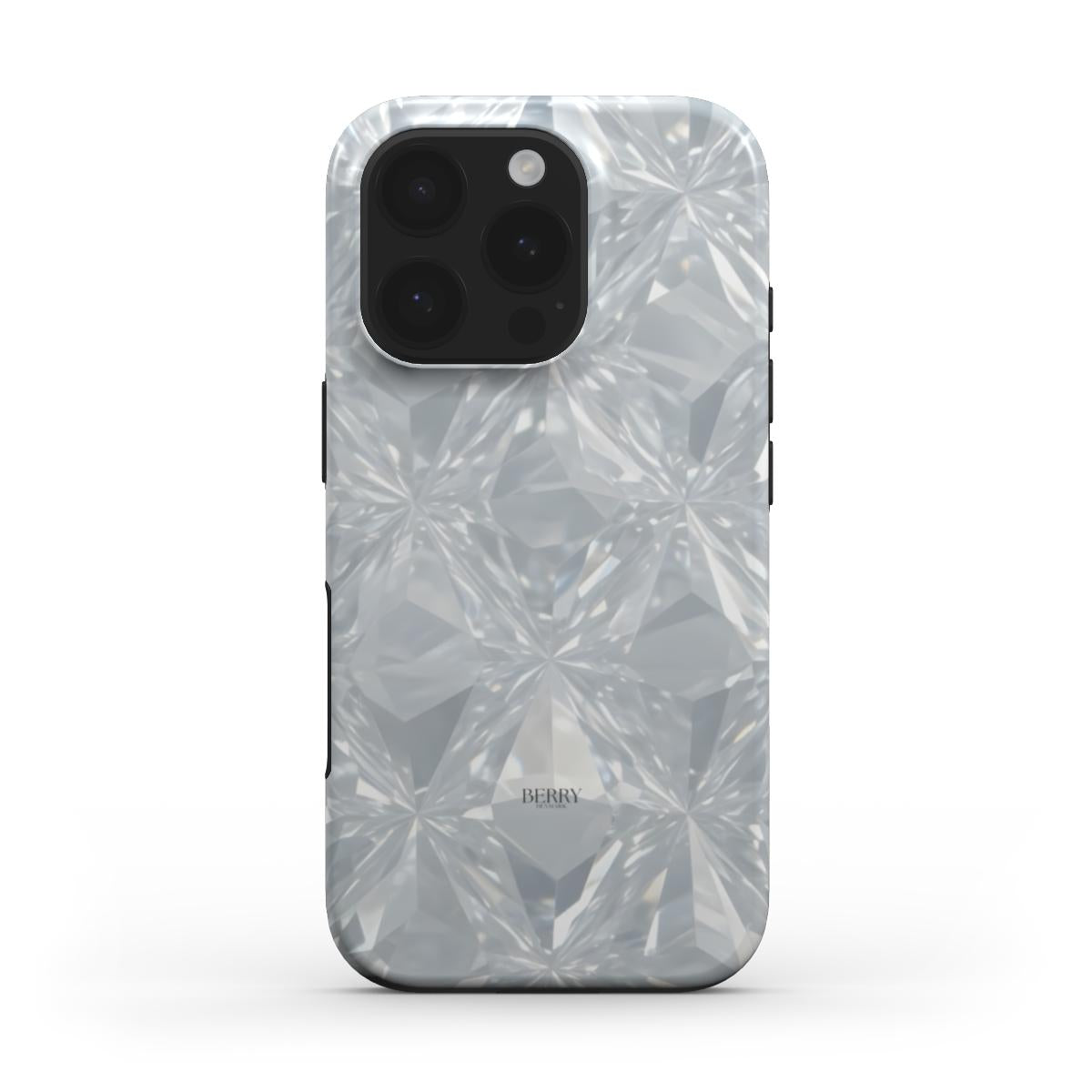 Trendy silver and white phone case with a feminine, aesthetic blurred diamond pattern for a stylish and popular look.