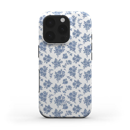 Trendy feminine phone case with a beautiful multicolored white and blue floral pattern, perfect for that girly and aesthetic vibe.