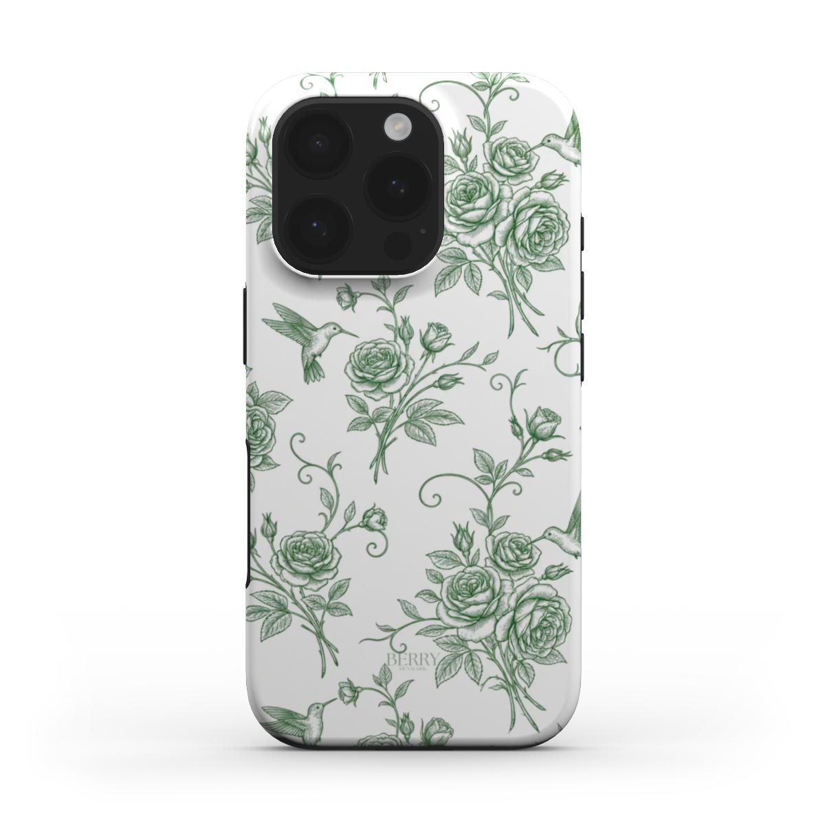 Trendy phone case with a feminine, artistic design featuring green floral patterns and hummingbirds on a white background for a stylish and aesthetic look.