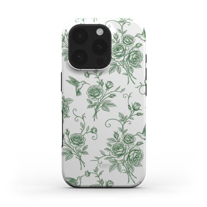 Trendy phone case with a feminine, artistic design featuring green floral patterns and hummingbirds on a white background for a stylish and aesthetic look.