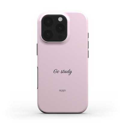 Trendy feminine pink phone case with sleek design, featuring subtle "Go study" text for an aesthetic and girly look that appeals to that girl style.
