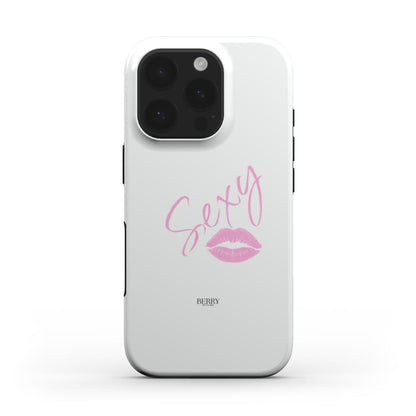 White phone case with trendy pink script "Sexy" and pink lip print, featuring a feminine and girly aesthetic design by Berry Denmark.
