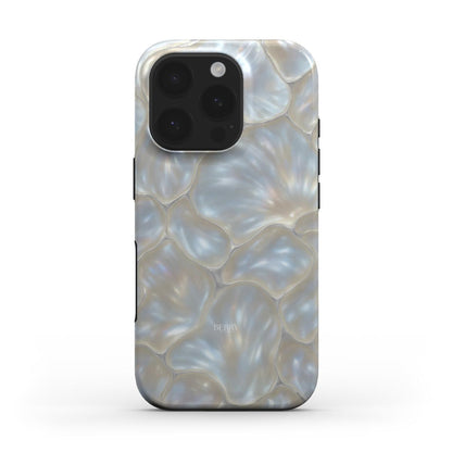 Trendy phone case with a beautiful multicolored pattern in silver, gray, white, and shades of iridescent hues, featuring a feminine and elegant design.