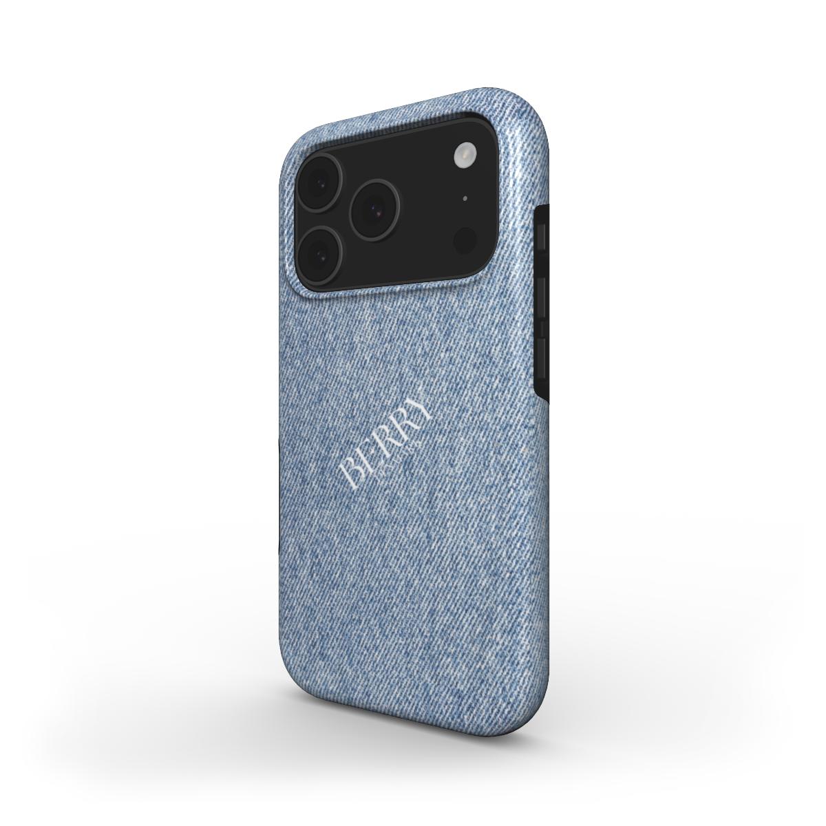 Trendy blue denim phone case with a girly aesthetic and subtle Berry branding, offering a stylish and feminine protective accessory.