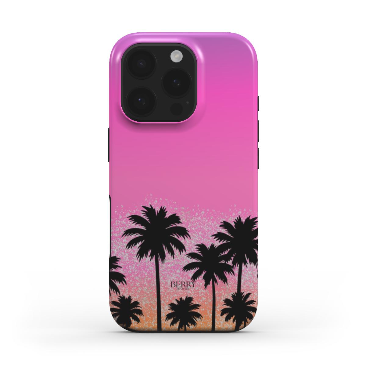 Trendy phone case with pink, orange, and multicolored design featuring black palm trees for a feminine and aesthetic L.A. Sunset vibe.