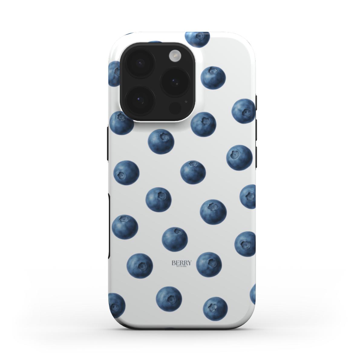 Trendy feminine phone case with a playful blueberry pattern in blue, white, and multicolor, perfect for a stylish and beautiful aesthetic look.