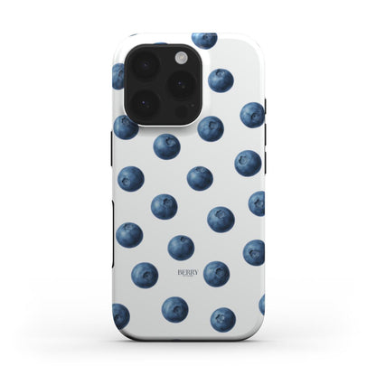 Trendy feminine phone case with a playful blueberry pattern in blue, white, and multicolor, perfect for a stylish and beautiful aesthetic look.