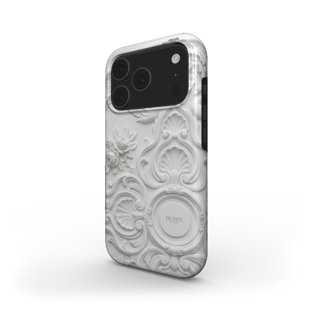 Trendy phone case with intricate ivory stucco design in white and beige tones, featuring a feminine and elegant embossed floral pattern for a stylish look.