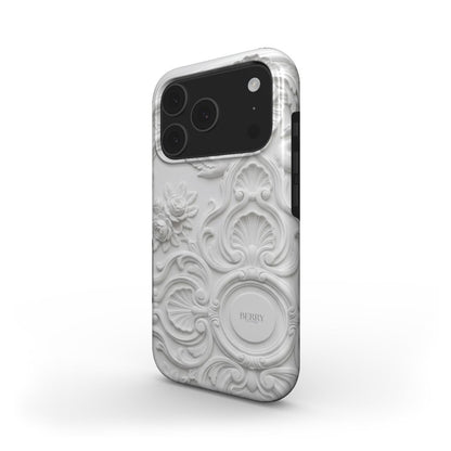 Trendy phone case with intricate ivory stucco design in white and beige tones, featuring a feminine and elegant embossed floral pattern for a stylish look.