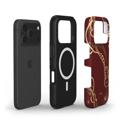 Trendy burgundy phone case with elegant gold chain pattern in brown beige and red tones, featuring a feminine equestrian inspired design.