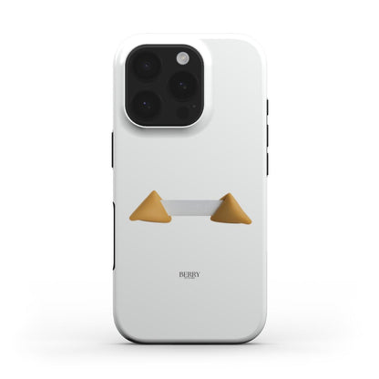 Minimalist white phone case featuring a trendy, artistic design with beige and gold geometric shapes, embodying a stylish and feminine aesthetic.