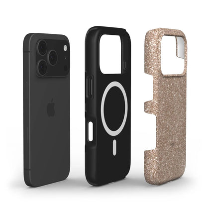 Trendy phone case with a feminine deep gold glitter finish and a sleek black magnetic protective layer for a beautiful and popular style.