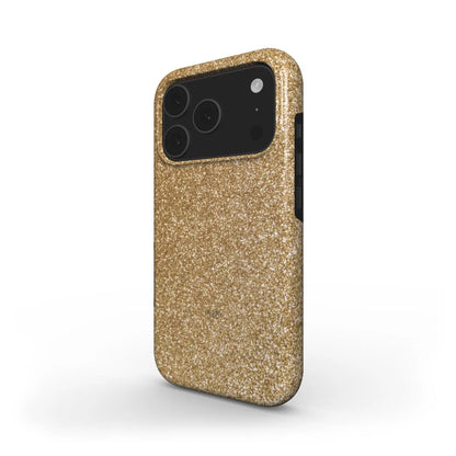 Trendy feminine phone case with a sparkling gold pattern, featuring a glamorous and aesthetic look perfect for that girl who loves beautiful, popular styles.