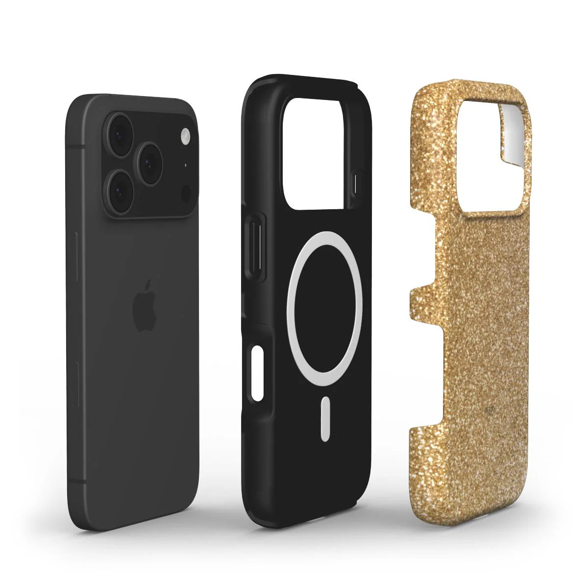 Black phone next to a sleek black protective case and a sparkling gold glitter phone case cover with a trendy feminine design.