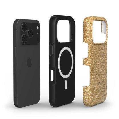 Black phone next to a sleek black protective case and a sparkling gold glitter phone case cover with a trendy feminine design.