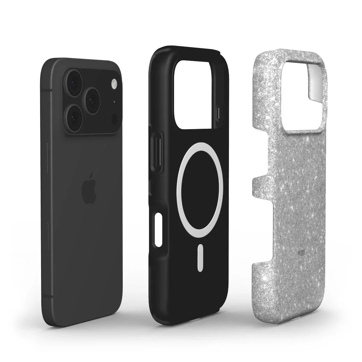 Trendy feminine phone case in silver and gray with a sleek magnetic design, combining beauty and protection for that popular aesthetic look.