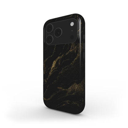 Trendy black and gold phone case with elegant swirling pattern, combining feminine charm and a modern aesthetic for a beautiful and popular look.
