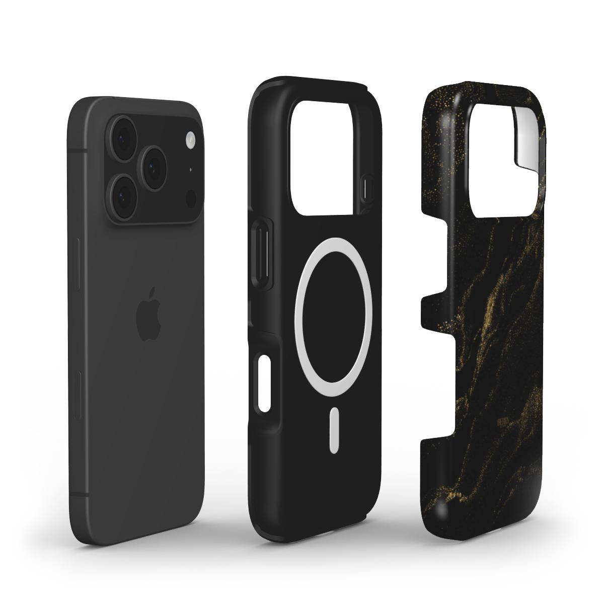 Trendy black and gold phone case with a sleek storm pattern and magnetic ring, designed for a stylish and feminine look.