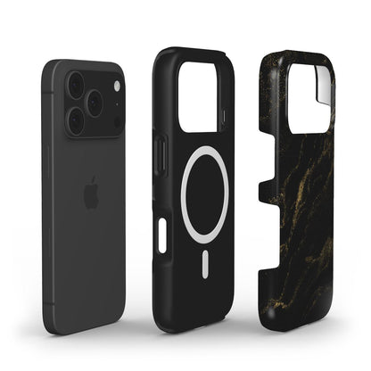 Trendy black and gold phone case with a sleek storm pattern and magnetic ring, designed for a stylish and feminine look.