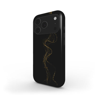 Trendy feminine phone case with gold drizzle pattern on black background, combining aesthetic and beautiful design for a popular girly style accessory.