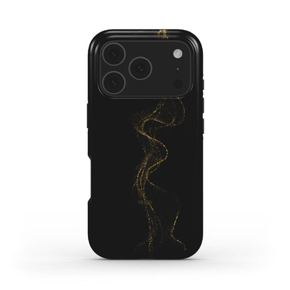 Black phone case with a trendy, feminine gold drizzle pattern creating an elegant and aesthetic look for that popular, beautiful, girly style.